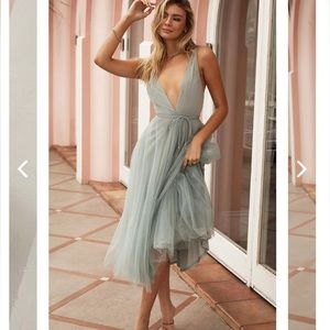 Floating by plunging neckline mesh overlay midi dress sage- size small